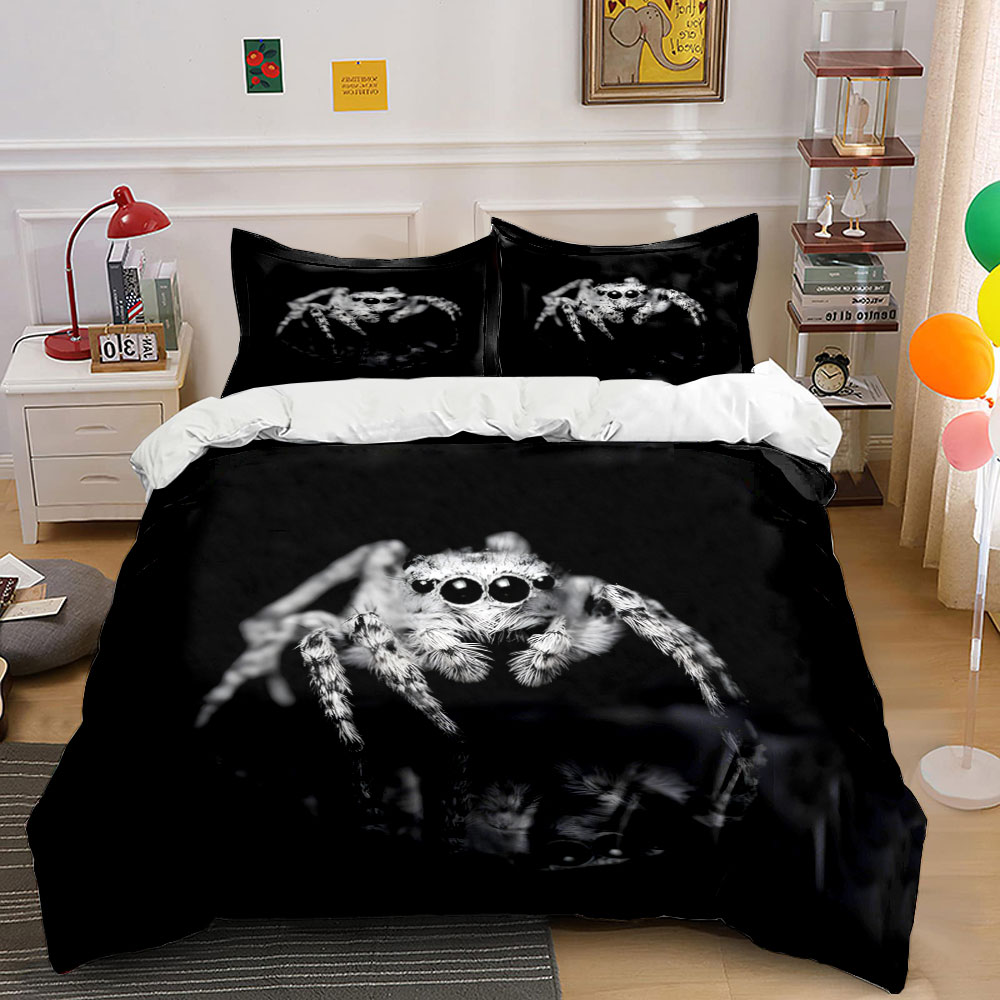 Duvet Cover Sets With Zipper - Jumping Spider Siyah Beyaz Koyu Stil